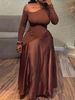 Elegant Plus Size Evening Dress For Women – Off-Shoulder Long Sleeve Bodycon Maxi Dress (Brown, Stretch Knit Fabric)_ecoleips.com