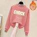 Women's Casual Letter Print Mock Two-Piece Top With Elastic Waist Light Blue Jeans Set - Stylish High Neck Pullover & Relaxed Fit Denim Pants_ecoleips.com