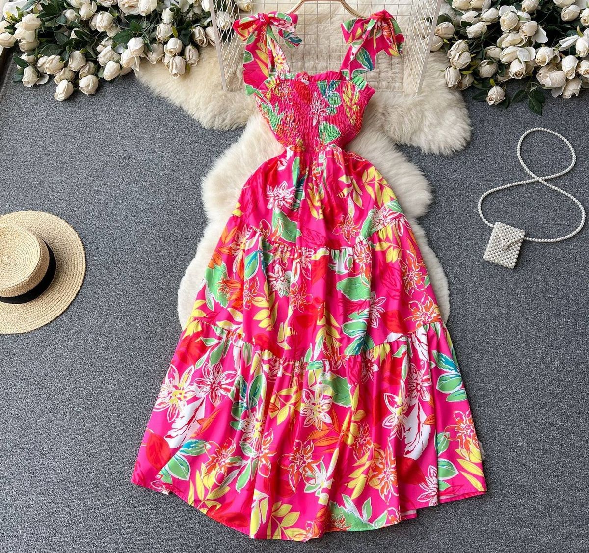 Women's Strapless Tube Top Swing Dress – Flowy Summer Vacation Printed Maxi Dress In Red/Rose Red (S/M/L/XL)_ecoleips.com