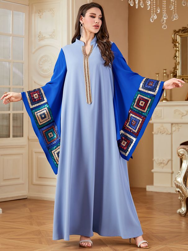 Plus Size Women's Patchwork Color Block Long Robe Dress Loose Fitting Fashionable Muslim Clothing Relaxed Everyday Wear Comfortable Feshion_ecoleips.com