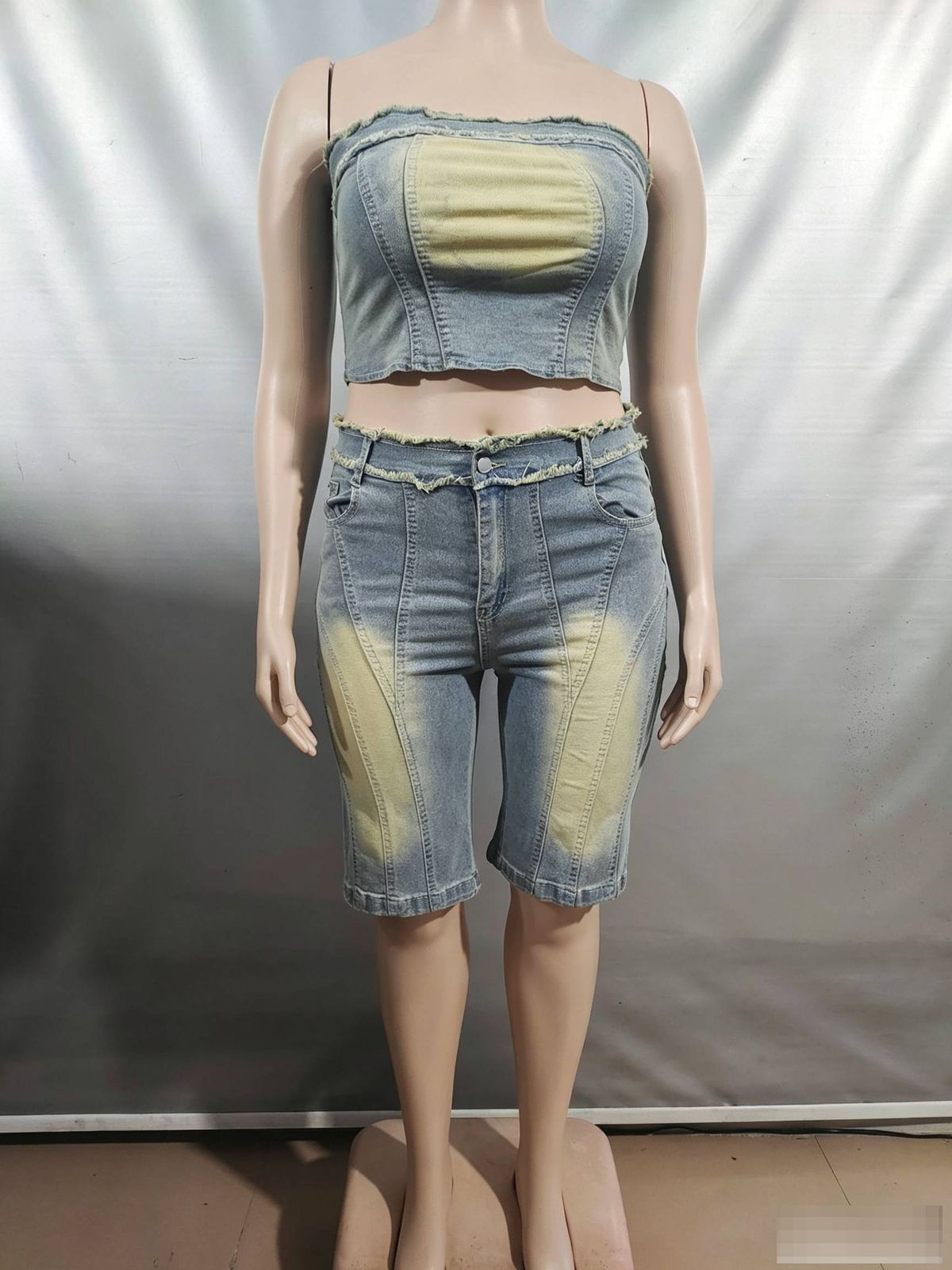 Women's Clothing Jeans Suit Fashion Raw Edge Wrap Top High Waist Denim Shorts_ecoleips.com