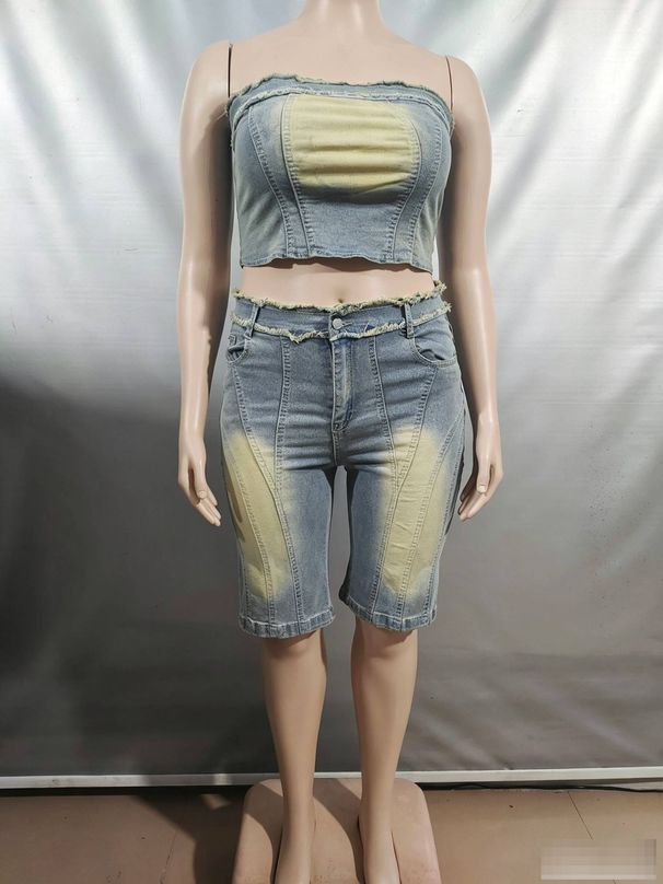Women's Clothing Jeans Suit Fashion Raw Edge Wrap Top High Waist Denim Shorts_ecoleips.com