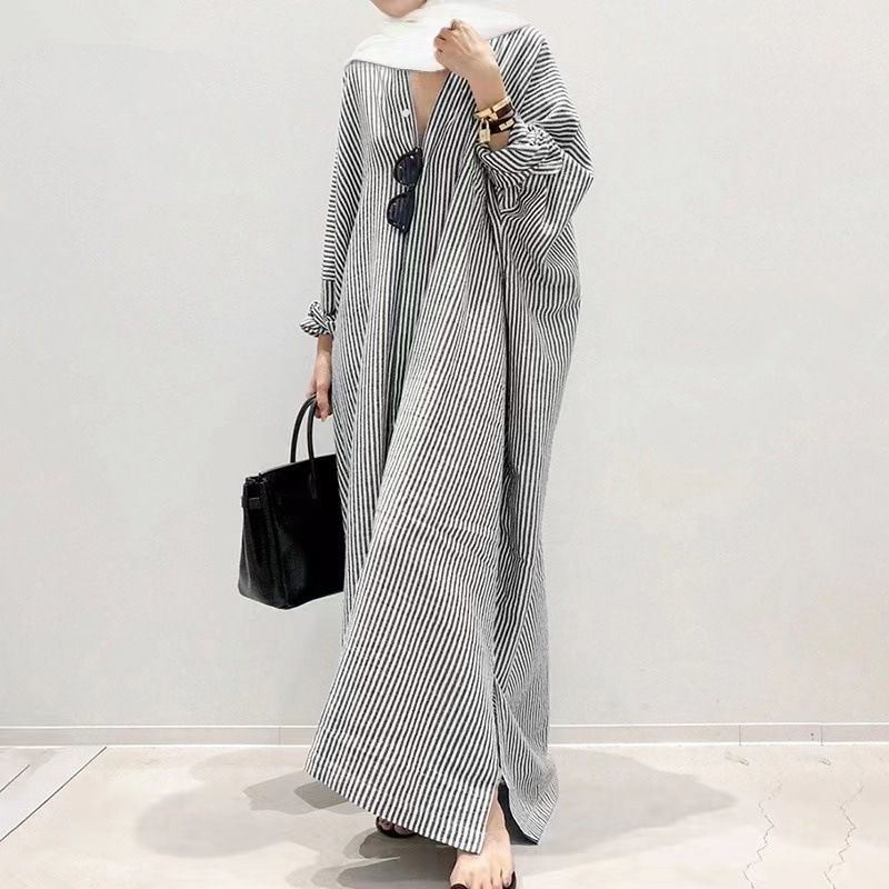 "Modest Striped Cotton Linen Cardigan Dress – Loose Fit Plus Size Cover-Up For Muslim Women"_ecoleips.com