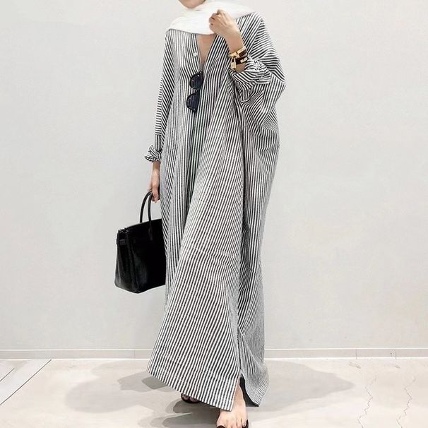 "Modest Striped Cotton Linen Cardigan Dress – Loose Fit Plus Size Cover-Up For Muslim Women"_ecoleips.com