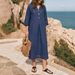 Women's Cotton Linen V Neck Button Up Dress Solid Color Three Quarter Sleeve Mid Length Spring Summer New Europe America_ecoleips.com