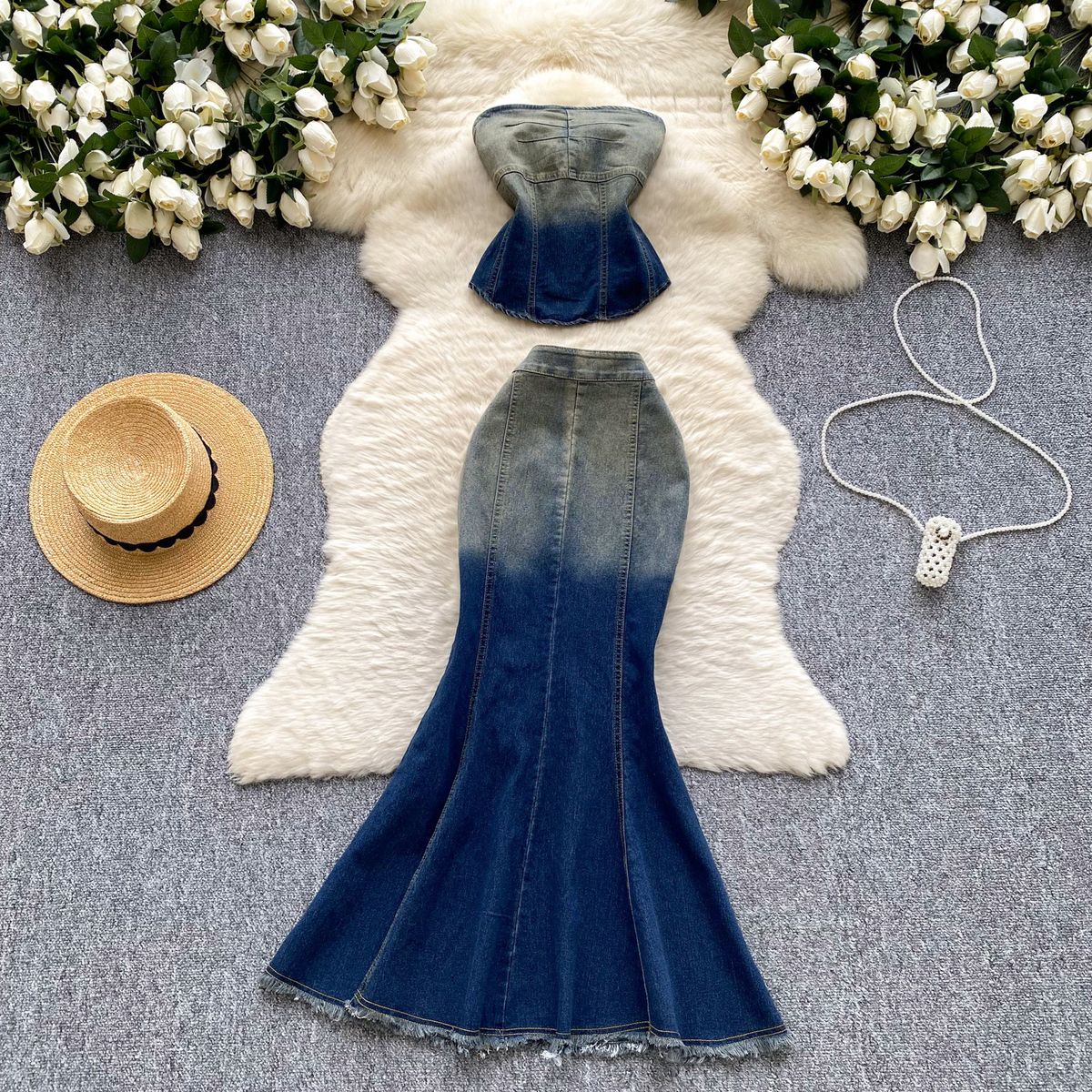 Women's Clothing Pure And Slim Fit Sleeveless Denim Tube Top Vest High Waist Fishtail Skirt_ecoleips.com