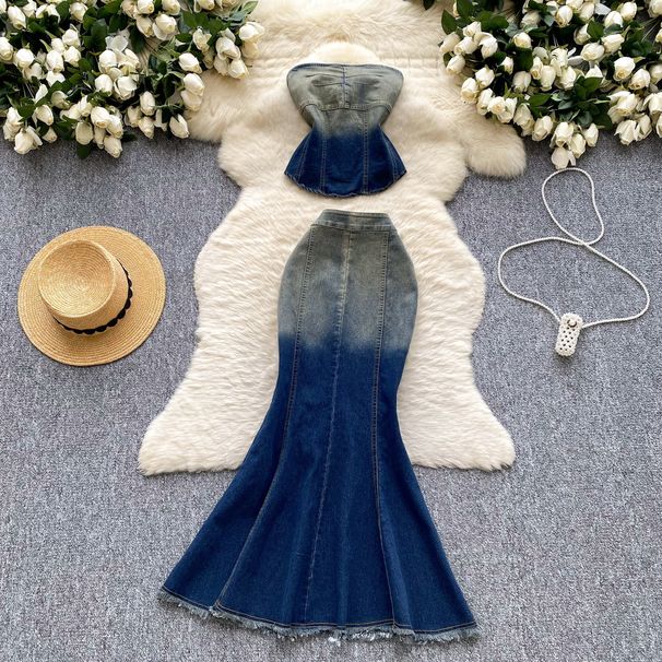 Women's Clothing Pure And Slim Fit Sleeveless Denim Tube Top Vest High Waist Fishtail Skirt_ecoleips.com