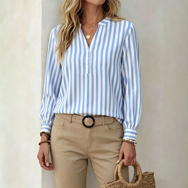Women's Striped Stand Collar Long Sleeve Shirt Style Commuter Top Relaxed Everyday Wear Comfortable Feshion_ecoleips.com