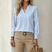 Women's Striped Stand Collar Long Sleeve Shirt Style Commuter Top Relaxed Everyday Wear Comfortable Feshion_ecoleips.com