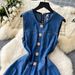 Women's Clothing Sleeveless Vest Denim Skirt Waist Slimming Heavy Beaded Single-breasted Pleated Dress_ecoleips.com