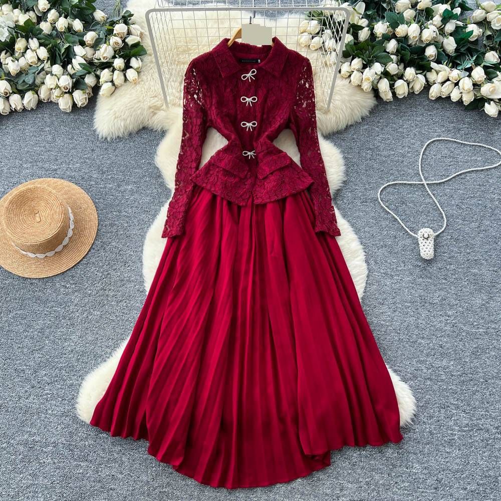 Women's Clothing Lace Trim Dress – Bow Accent, Waist-Defining Pleats, Long Sleeve Elegance"_ecoleips.com
