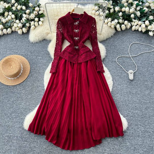 Women's Clothing Lace Trim Dress – Bow Accent, Waist-Defining Pleats, Long Sleeve Elegance"_ecoleips.com