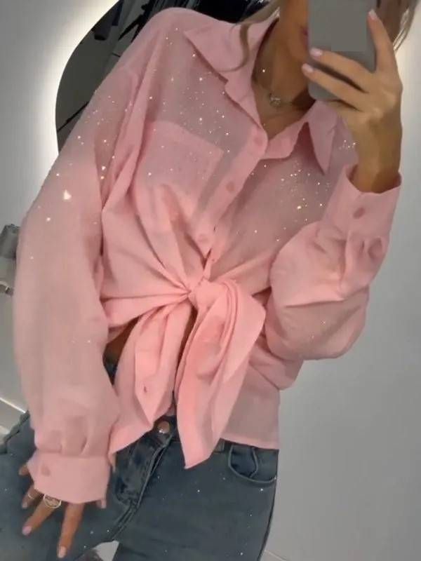 Women's Clothing Thin Shirt Cardigan Loose Top Spring & Summer Glitter Sequin Blouse – Oversized Shirt With 3D Embellishments (Yellow, Pink)_ecoleips.com