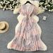 Women's Clothing Summer Slimming Ruffled Floral Dress V Neck Short Flutter Sleeve Lace Up Waist Cinching_ecoleips.com