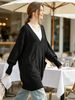 Black Deep V Multi Pocket Pit Rib Knit Tunic Sweater, Oversized Loose Lightweight Breathable Soft Skin-touch Long Sleeve Pullover_ecoleips.com