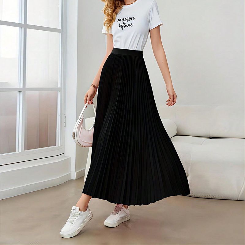 Elegant A-Line Skirt For Women, High Waist Flared Pleated Midi Skirt With Flowy Hem, Polyester Blend Skirt For Daily Wear And Office_ecoleips.com