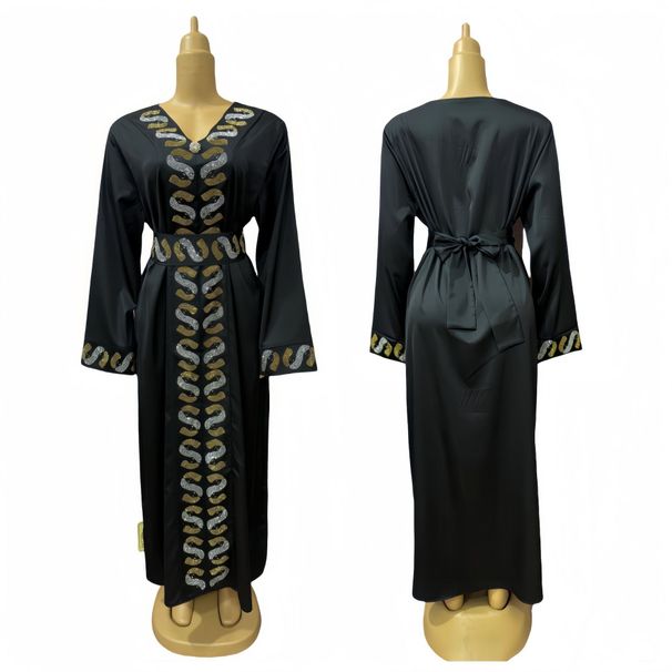 Women's New Color-Block Rhinestone Craft Belt Slim V-Neck Elegant Muslim Robe Long Dress_ecoleips.com