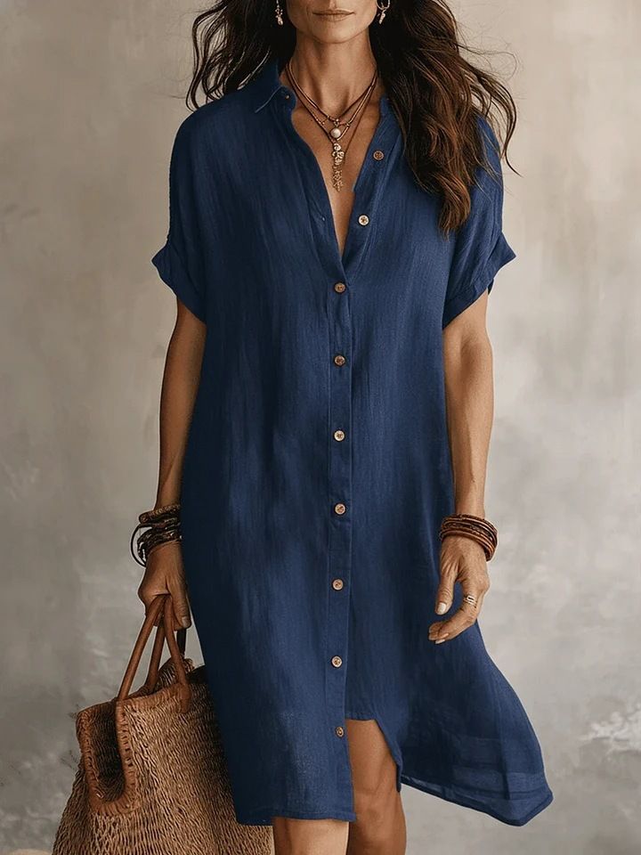 Fashionable Casual Solid Color Shirt Dress Women's Button Down Mid Length Short Sleeved Spring/Autumn Summer_ecoleips.com