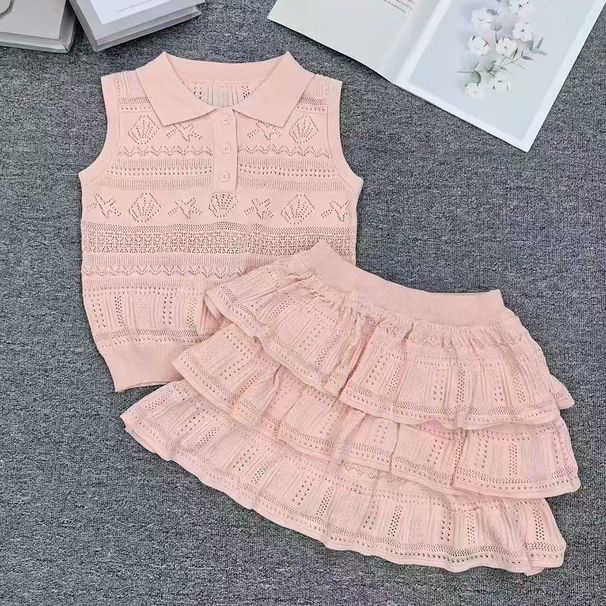 Summer New Elegant Luxury Women's Knitwear Set Hollow out Top with Cake Skirt Sleeveless Lapel Collar 2026_ecoleips.com
