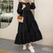 Women's Clothing Muslim New Ruffle Sleeves Pleated Hem Solid Color Round Neck Long Women's Big Swing Dress_ecoleips.com