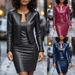 Women's PU Leather Two Piece Set With Cardigan Long Sleeve Round Neck Hip Skirt Professional Spring/Autumn_ecoleips.com