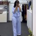 j5249 style casual suit, new embroidered letter double waistband high waisted cropped wide leg pants suit_ecoleips.com