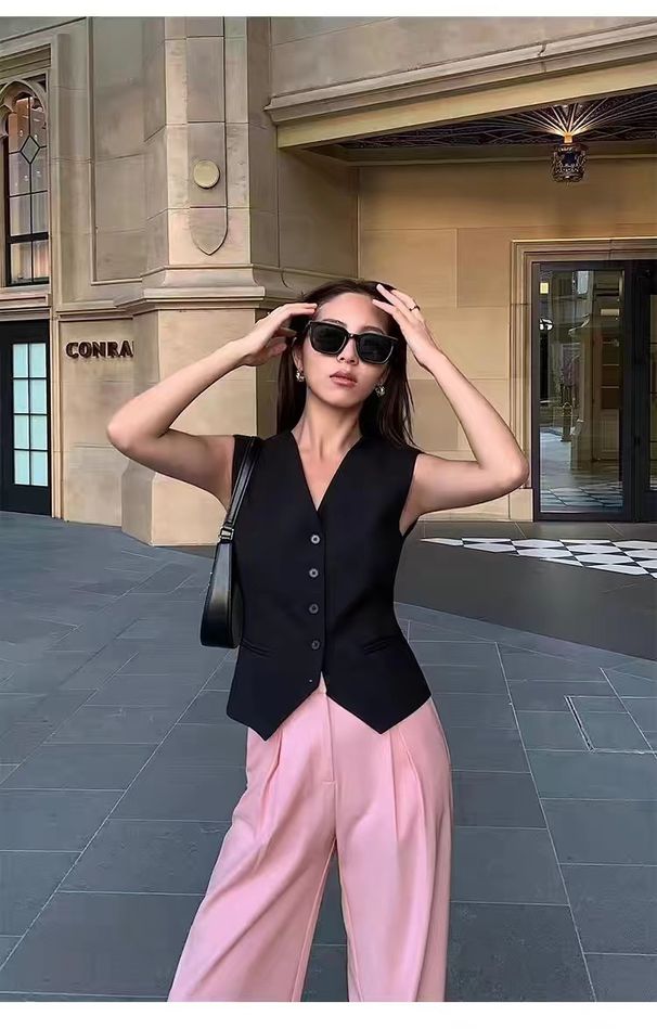 Women's Clothing Black V neck small suit vest for women_ecoleips.com