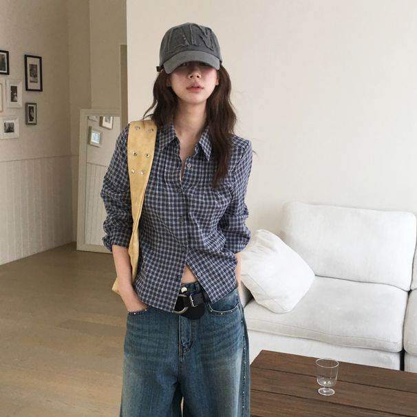 Korean-style High-end, Stylish, Simple, Casual, Slimming, Versatile Long-sleeve Polo Collar Color-blocked Plaid Shirt_ecoleips.com