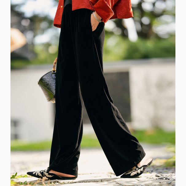 Women's Velvet Wide-leg High-end Style, 2026 Spring Collection, Smooth Drape, Ultra-high Waist, Slimming Straight-leg_ecoleips.com