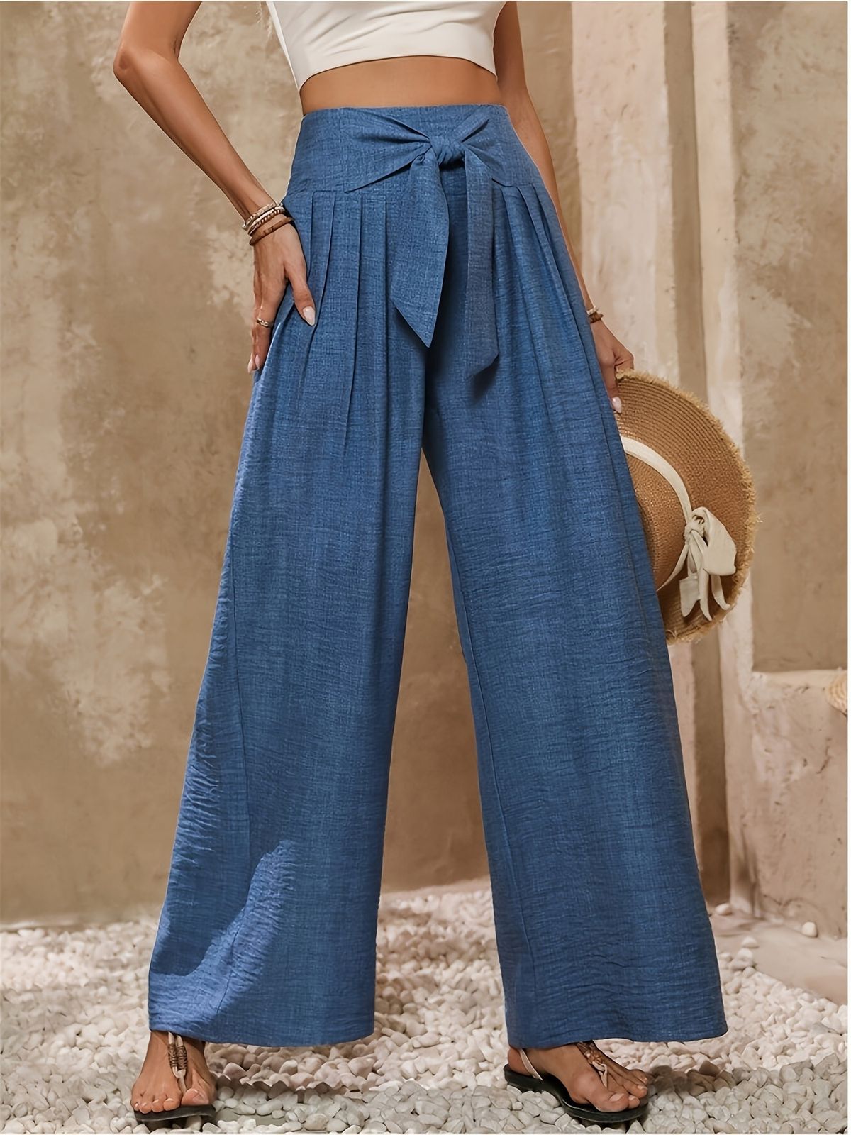 European And American Style Women's Solid Color High Waist Wide Leg Pants Casual Tie Waist Vacation Trousers_ecoleips.com