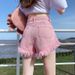 2025s Waist Pink Denim Shorts For Women Summer 2025 New High Street Ins Trend Loose Frayed A-Line Slimming Hot Pants_ecoleips.com
