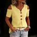 Summer Women's Elegant V Neck Off Shoulder T-Shirt Button Down Short Sleeved Top Fashionable American Style_ecoleips.com