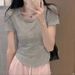 Korean Style Gentle Style Elegant Pure Cotton Short-Sleeve T-Shirt For Women's Summer Slimming Fishbone Line Design Is V_ecoleips.com