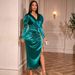 Satin V-Neck Bubble Sleeve Dress – Ruched Waist & Thigh Slit Party Gown (S-XXL, Polyester-Spandex)_ecoleips.com