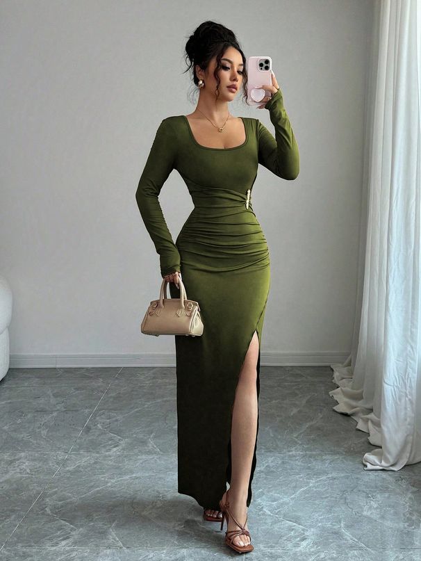 Elegant High-Waisted Split Hem Knit Dress - U-Neck Long Sleeve Slim Fit Stretchy Polyester Blend For Women (Black, Coffee, Army Green)_ecoleips.com