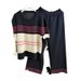 Women's Clothing Casual Suit For Women, Simple And Versatile, Round Neck Short Sleeved Striped Knitted Top + High Waist Wide Leg Pants Two Piece Suit_ecoleips.com
