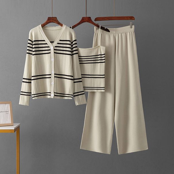 Fashionable Women's Korean Style Three Piece Set V Neck Loose Casual Knit Top High Waist Slimming Straight Cut 2025_ecoleips.com