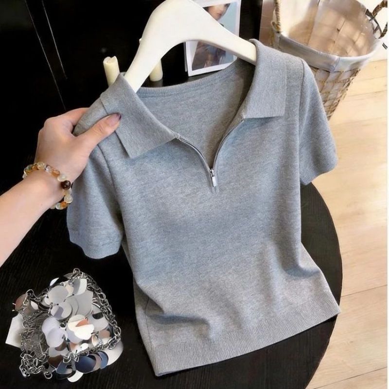 Gray Collared Knit T-Shirt Casual Zipper Design Women's Top Spring Summer Style Youthful New_ecoleips.com