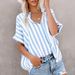 Women's Clothing Spring And Summer Casual Loose Two Color Striped Cardigan Short Sleeved Shirt_ecoleips.com