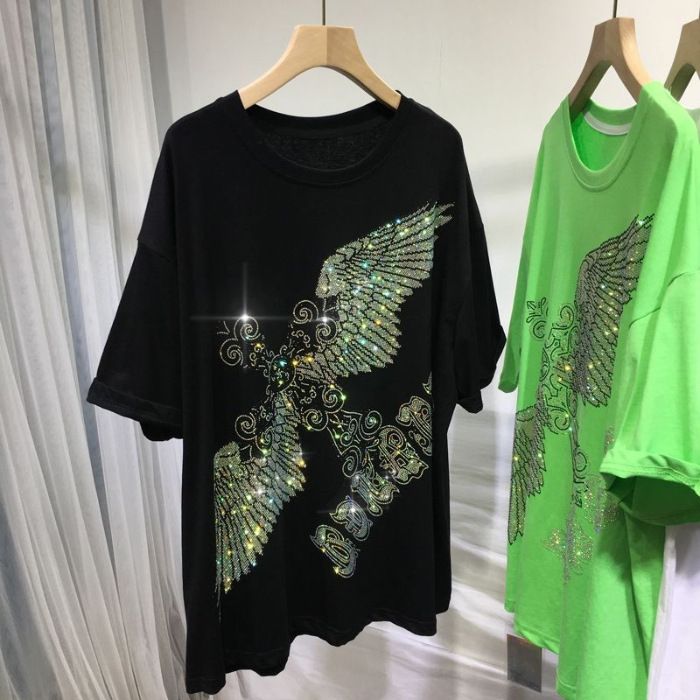 Women's Clothing Heavy Industry Hot Diamond Short Sleeved T Shirt Men And Women Same Style Round Neck Loose Large Version Eagle Top_ecoleips.com