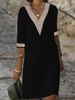 Women's Clothing Women's Style Solid Color V Neck Mid Sleeve Cotton Linen Casual Dresses Lace Trimmed For Formal & Casual_ecoleips.com