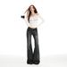 25 Autumn/Winter New Gray Bamboo Pattern Elastic Low-Waist Slightly Loose Flared Jeans For Women_ecoleips.com