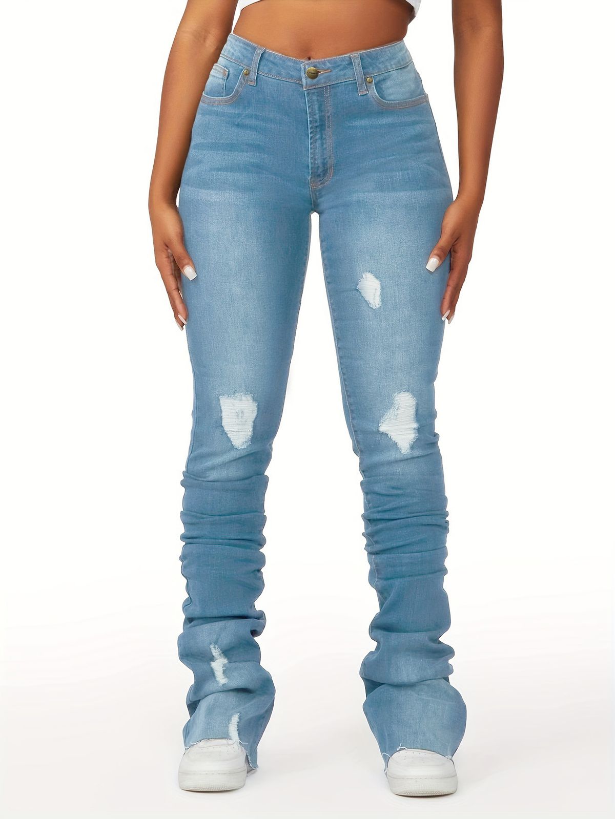High-Waisted Layered Denim Flared European And American INS Trend Slim Fit Ripped Slimming Women's Straight-Leg Pants_ecoleips.com