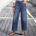 Women's Retro Wide Leg Casual Jeans mid Rise Stretch Distressed Hem Slanted Pockets Cropped Length European American Style_ecoleips.com