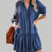 Women's Clothing Denim Shirt Dress Long Sleeve V-Neck A-Line Midi Dress With Pleated Detail_ecoleips.com