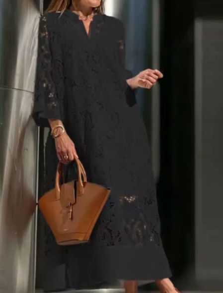 Women's Lace V Neck Loose Dress Casual Everyday Wear European American Style 2026 Fashion Trend Gentle Temperament_ecoleips.com