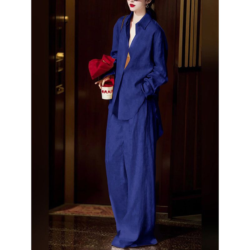 2026 Summer Cool And Sa Wear Loose Navy Blue Fashion Shirt Wide Leg Pants Two-piece Women's Suit_ecoleips.com