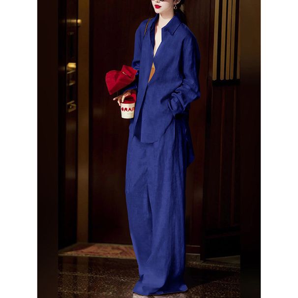 2026 Summer Cool And Sa Wear Loose Navy Blue Fashion Shirt Wide Leg Pants Two-piece Women's Suit_ecoleips.com