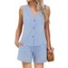 Women's Clothing Two Piece Holiday Wear Short Suit Linen Plaid Vest_ecoleips.com