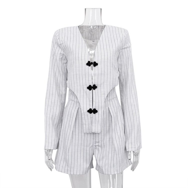 Voya Voya 2026 Spring Women's New Chinese Style Unique Design Long Sleeve Deep V Top Jacket High Waist Shorts Striped Suit_ecoleips.com